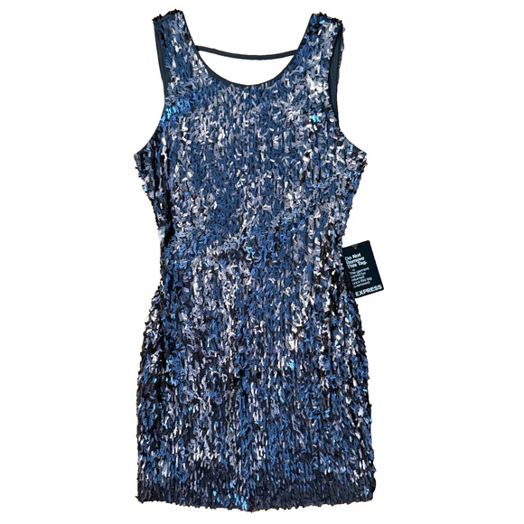 NWT Express Sequin Mini Dress XS ~ Black Silver Iridescent Party Glam Sparkle - Picture 2 of 12